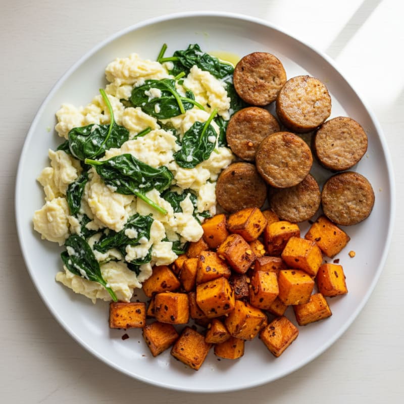 Egg White Spinach Scramble with Turkey Sausage and Roasted Sweet Potato