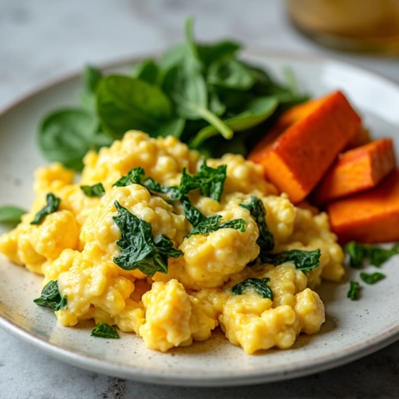 Creamy Scrambled Eggs with Fresh Spinach and Roasted Sweet Potatoes