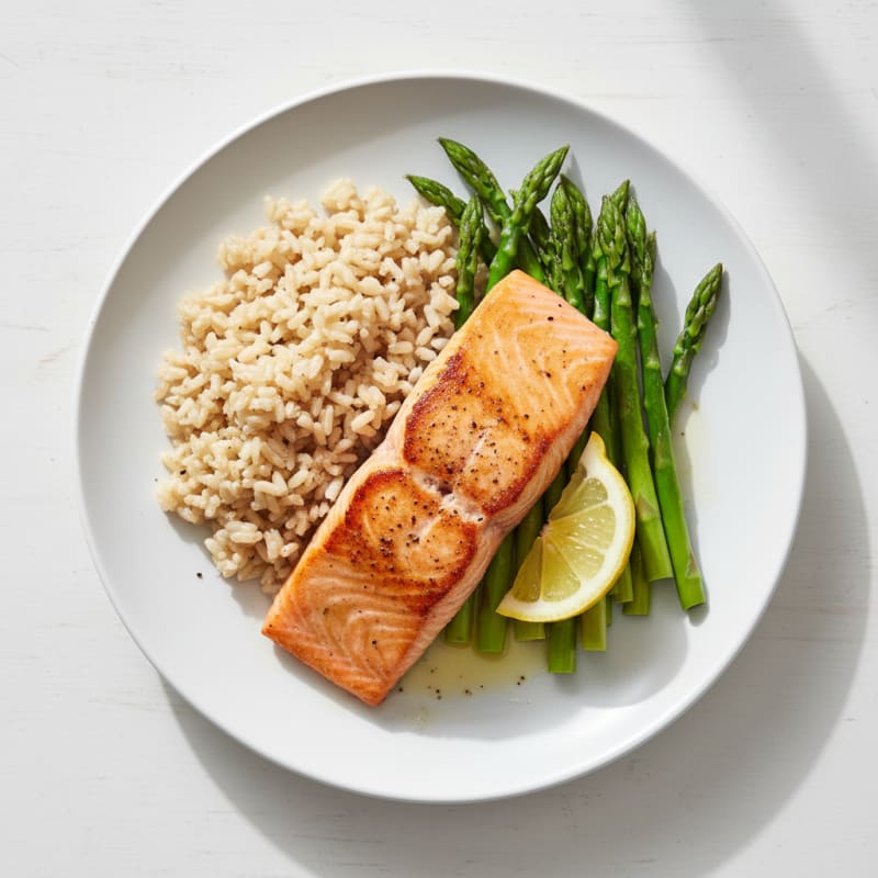Seared Salmon Fillet with Steamed Asparagus and Brown Rice