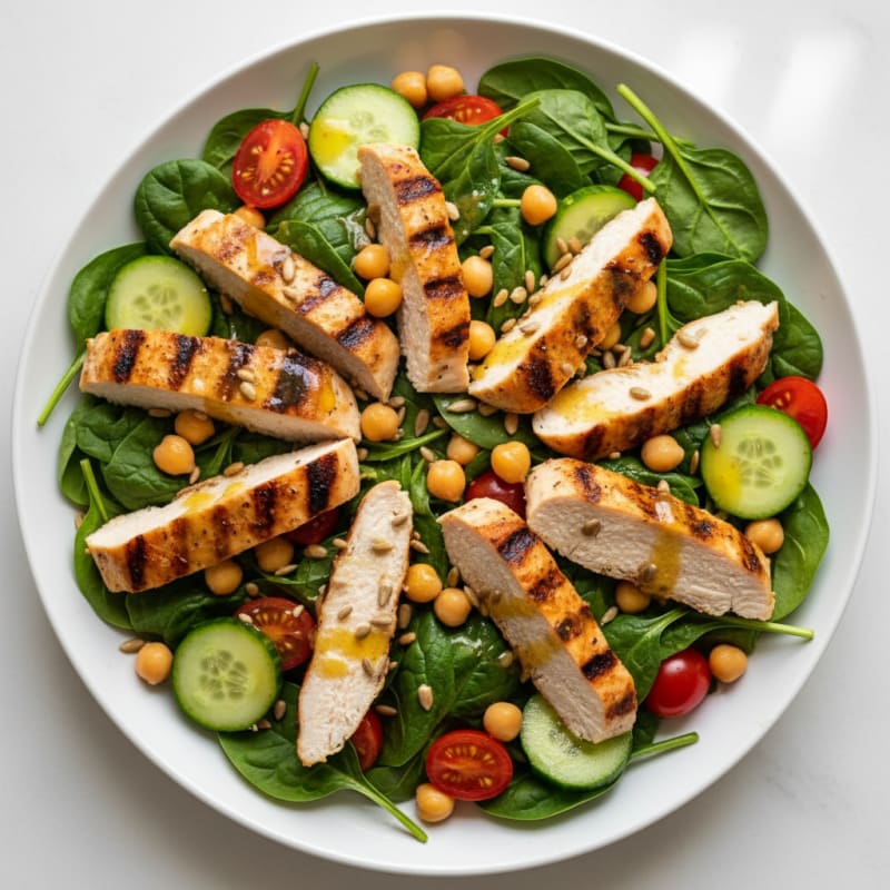 Grilled Chicken Spinach Salad with Chickpeas and Lemon Vinaigrette