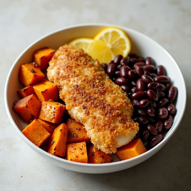 Crispy Citrus Chicken and Roasted Sweet Potato Bowl with Zesty Black Beans