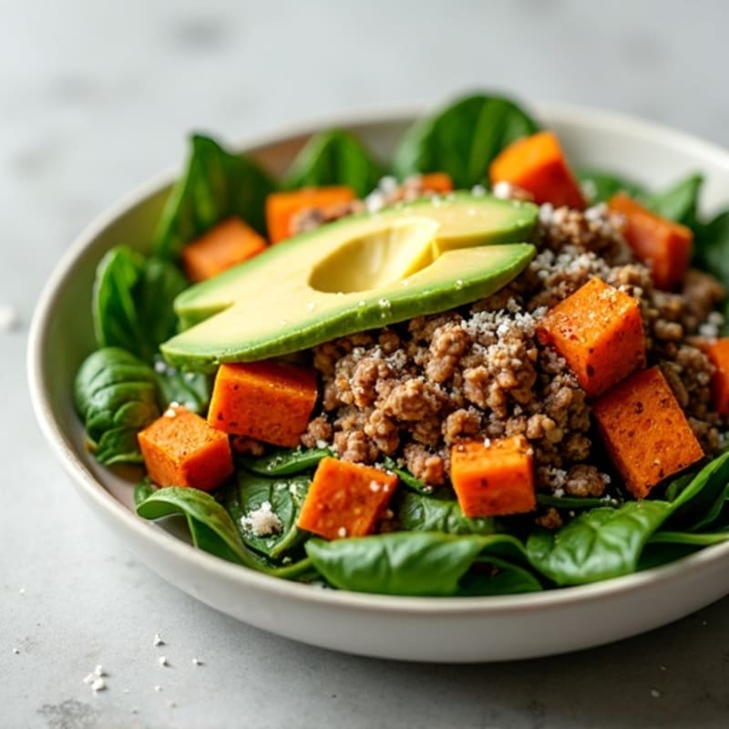 Ground Turkey and Crispy Sweet Potato Hash with Balsamic Spinach, Avocado, and Parmesan