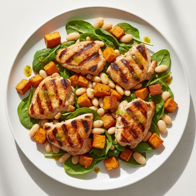 Grilled Chicken Thigh Salad with White Beans and Sweet Potato