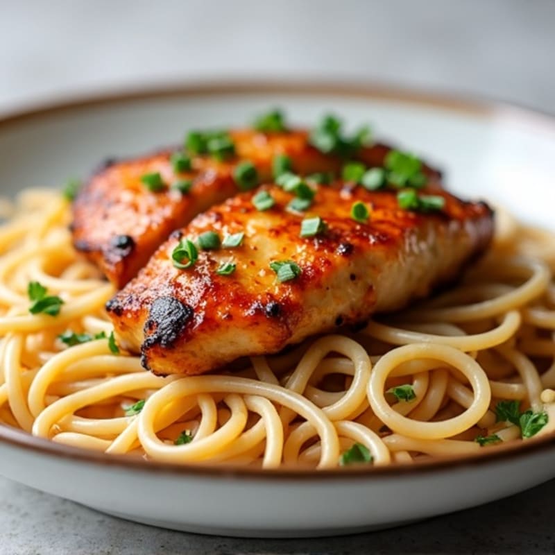 Pan-Seared Chicken with Sweet and Savory Ginger-Garlic Glaze and Whole Wheat Noodles