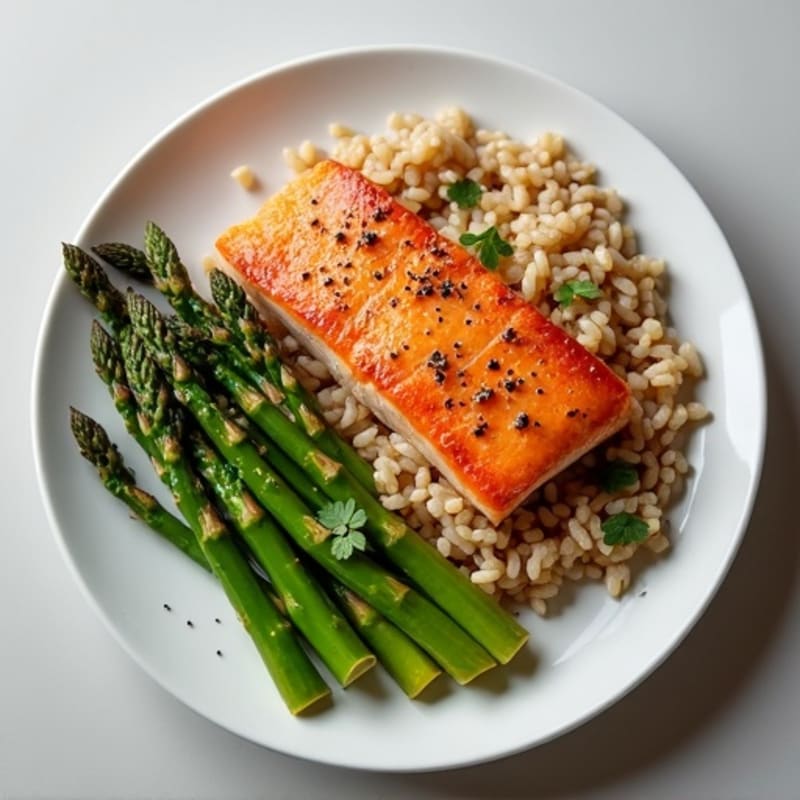 Seared Salmon Fillet with Roasted Asparagus and Brown Rice