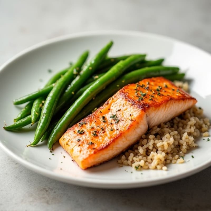 Seared Salmon with Garlic Green Beans and Brown Rice
