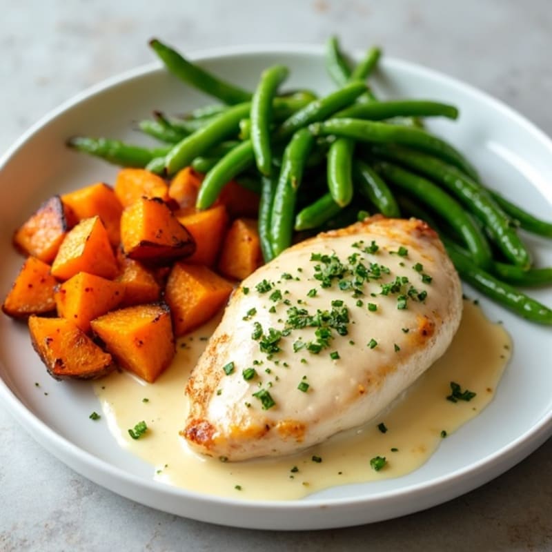Creamy Coconut Lime Chicken with Roasted Sweet Potatoes and Green Beans