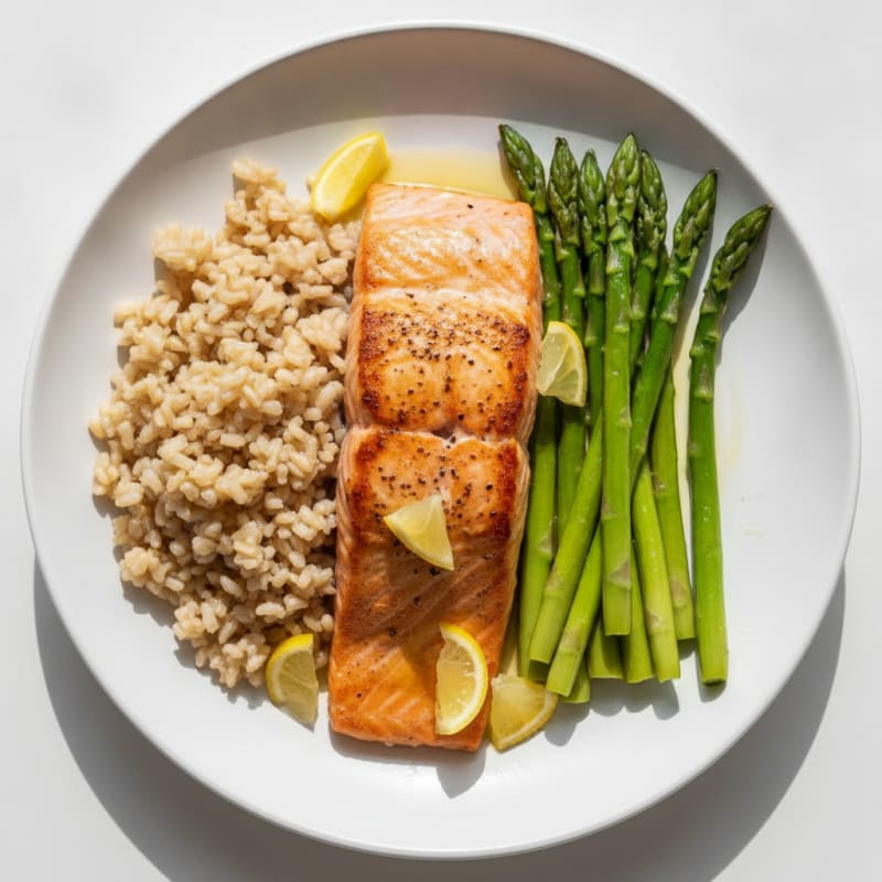Seared Salmon Fillet with Steamed Asparagus and Brown Rice
