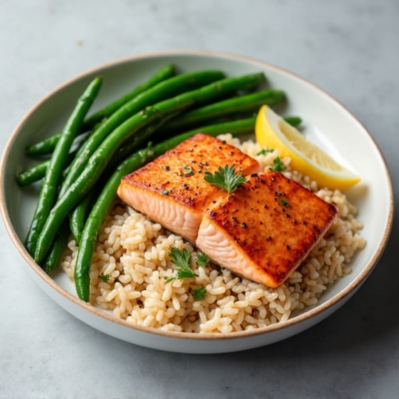 Seared Salmon with Steamed Green Beans and Brown Rice