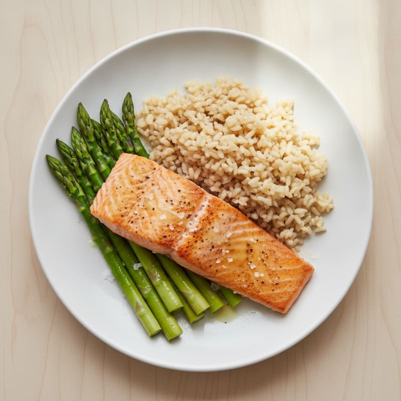 Seared Salmon with Steamed Asparagus and Brown Rice
