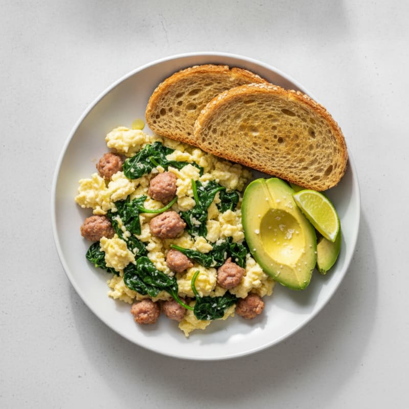 Egg White Scramble with Turkey Sausage and Sautéed Spinach