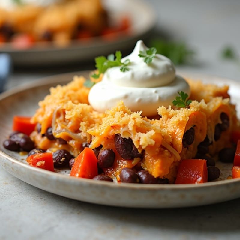 Hearty Baked Sweet Potato and Black Bean Casserole with Crispy Tortilla Topping