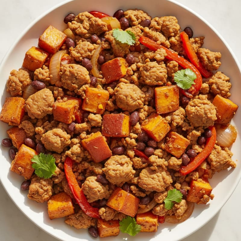 Ground Turkey Sweet Potato Skillet with Roasted Vegetables
