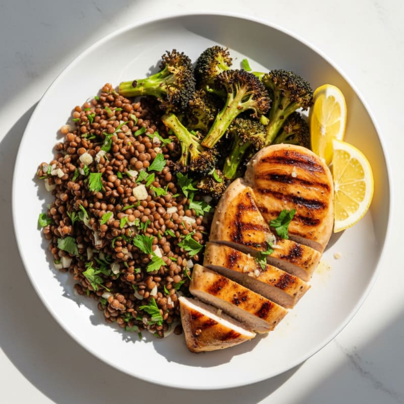 Grilled Chicken Breast with Roasted Broccoli and Lentil Salad