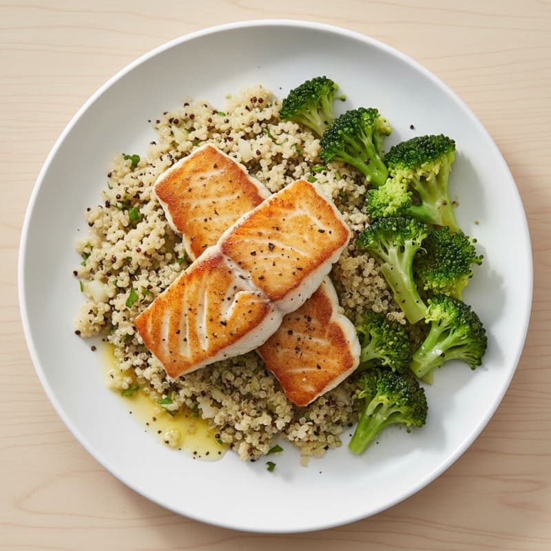 Seared Cod with Steamed Broccoli and Lemon Pepper Quinoa