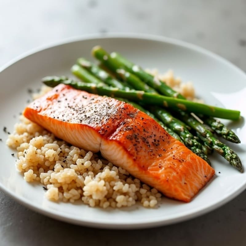 Seared Salmon with Steamed Asparagus and Brown Rice