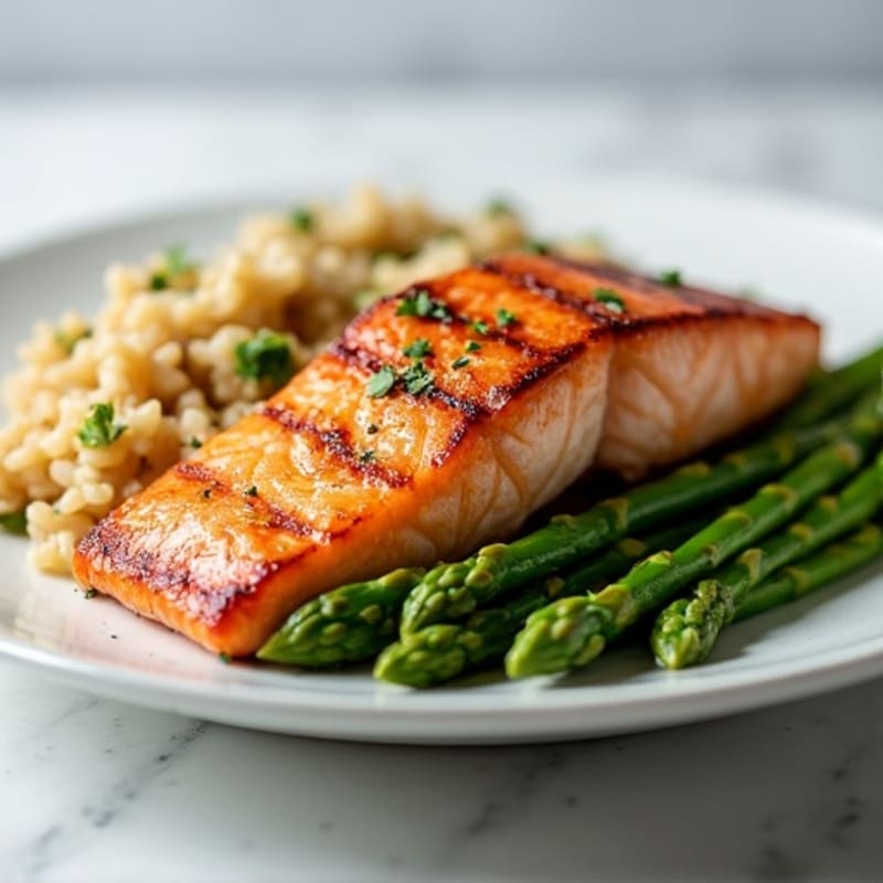 Seared Salmon Fillet with Steamed Asparagus and Brown Rice