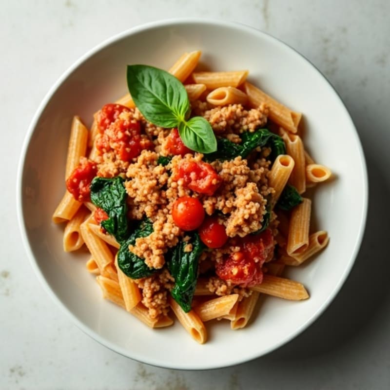 Lean Ground Turkey Whole Wheat Pasta with Fresh Tomato Marinara and Sautéed Spinach