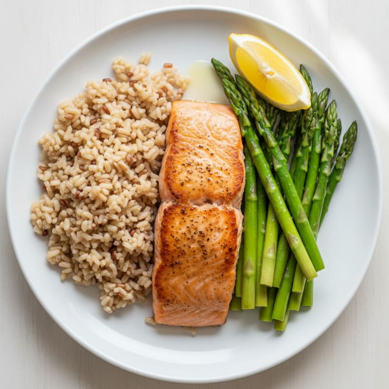 Seared Salmon with Steamed Asparagus and Brown Rice