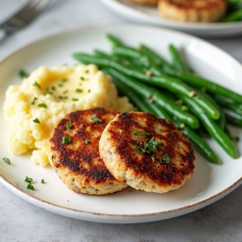 Seared Turkey Patties with Steamed Green Beans and Garlic Mashed Cauliflower