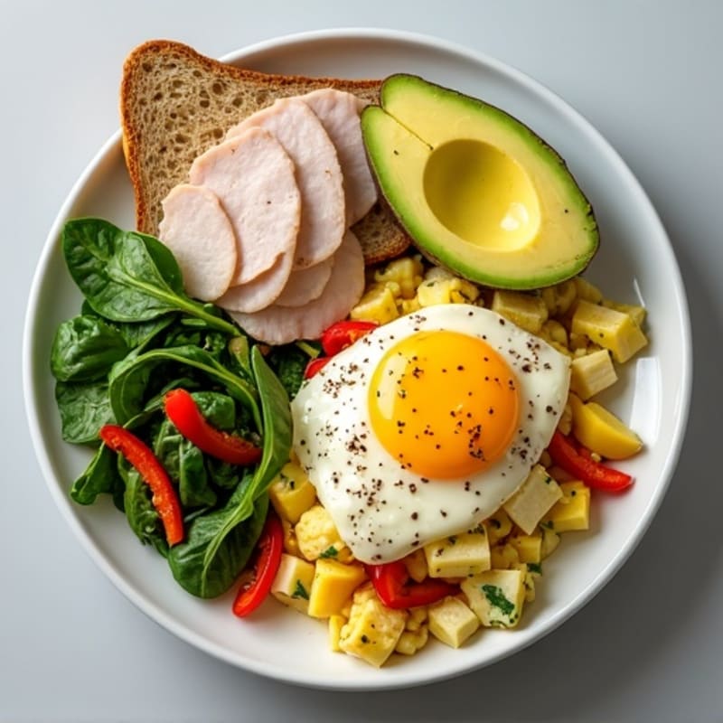 Egg White Veggie Scramble with Cottage Cheese and Sliced Turkey
