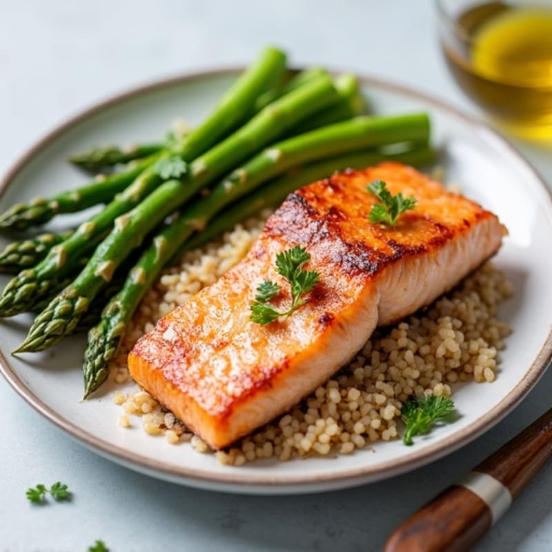 Seared Salmon with Steamed Asparagus and Brown Rice