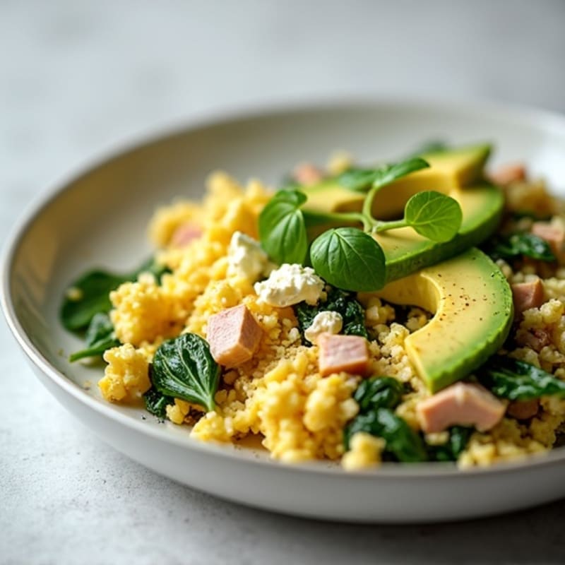 Egg White Spinach Scramble with Cottage Cheese and Sliced Turkey