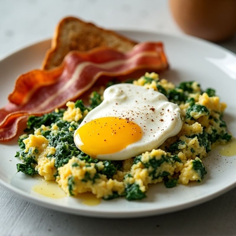 Egg White Spinach Scramble with Cottage Cheese and Turkey Bacon