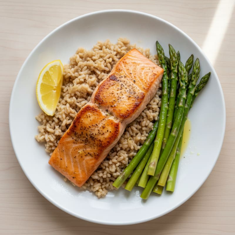 Seared Salmon with Steamed Asparagus and Brown Rice