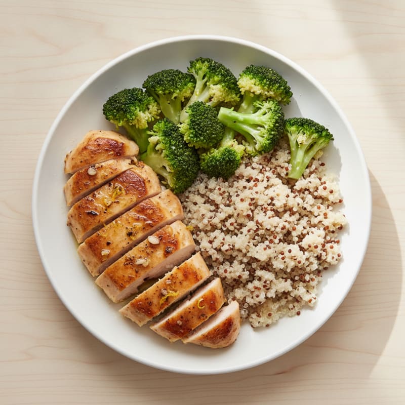 Seared Lemon-Garlic Chicken Breast with Steamed Broccoli and Quinoa