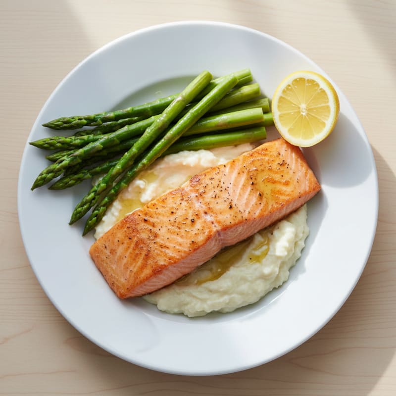 Seared Salmon with Steamed Asparagus and Cauliflower Mash