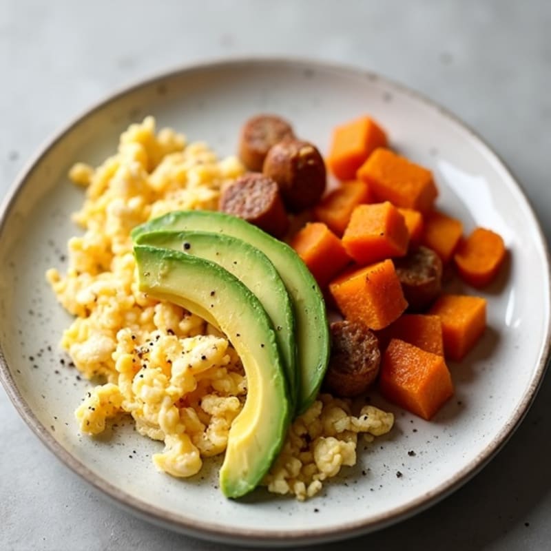 Egg White and Turkey Sausage Scramble with Roasted Sweet Potatoes
