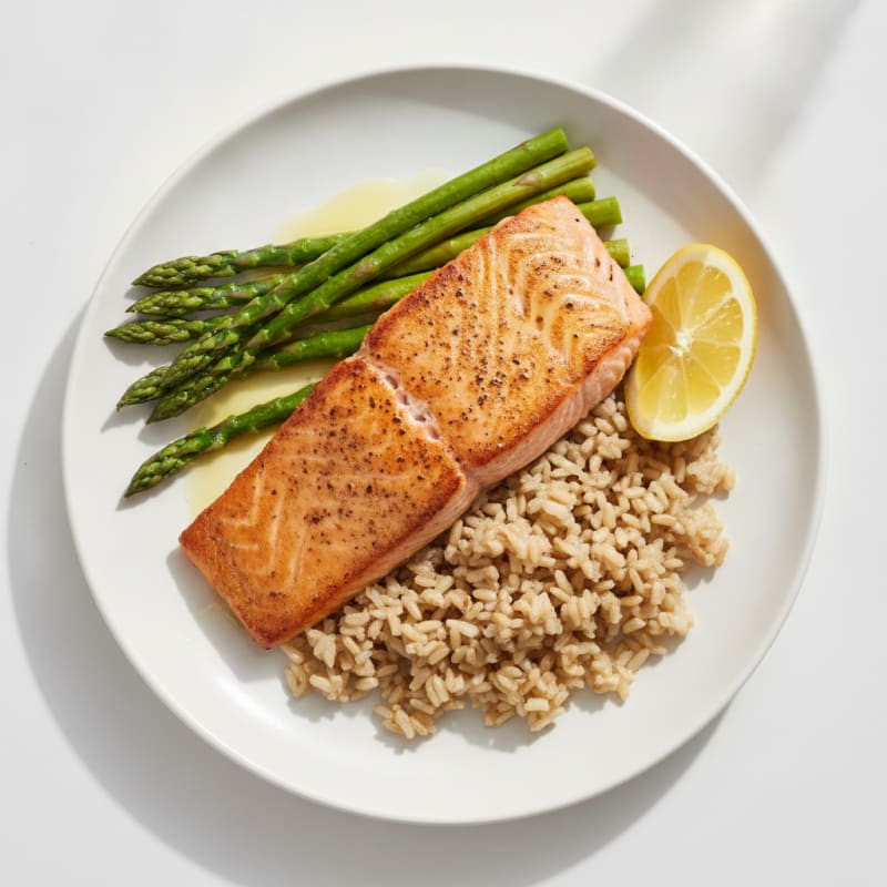 Seared Salmon Fillet with Steamed Asparagus and Brown Rice