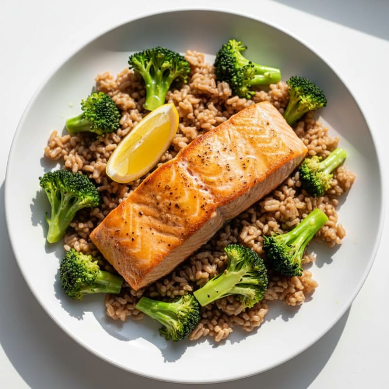 Pan-Seared Salmon with Steamed Broccoli and Brown Rice