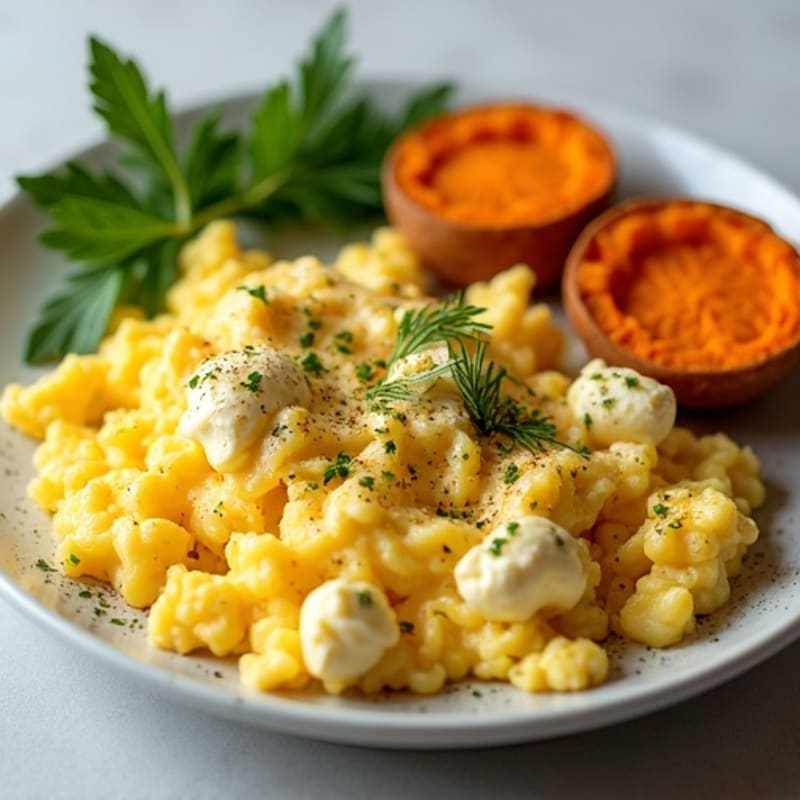 Creamy Scrambled Eggs with Fresh Herbs and Roasted Sweet Potatoes