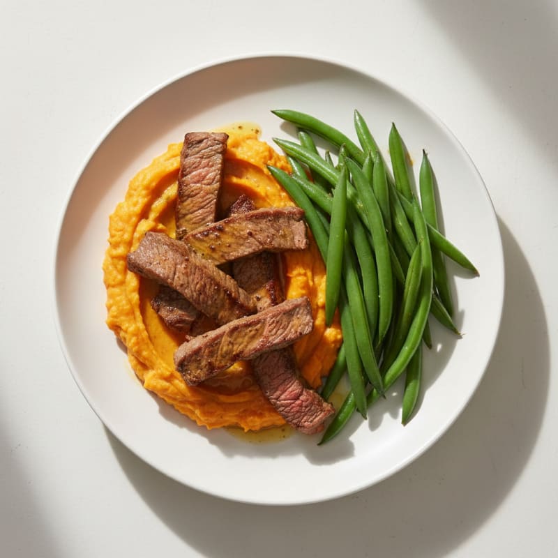 Seared Beef Strips with Steamed Green Beans and Sweet Potato Mash