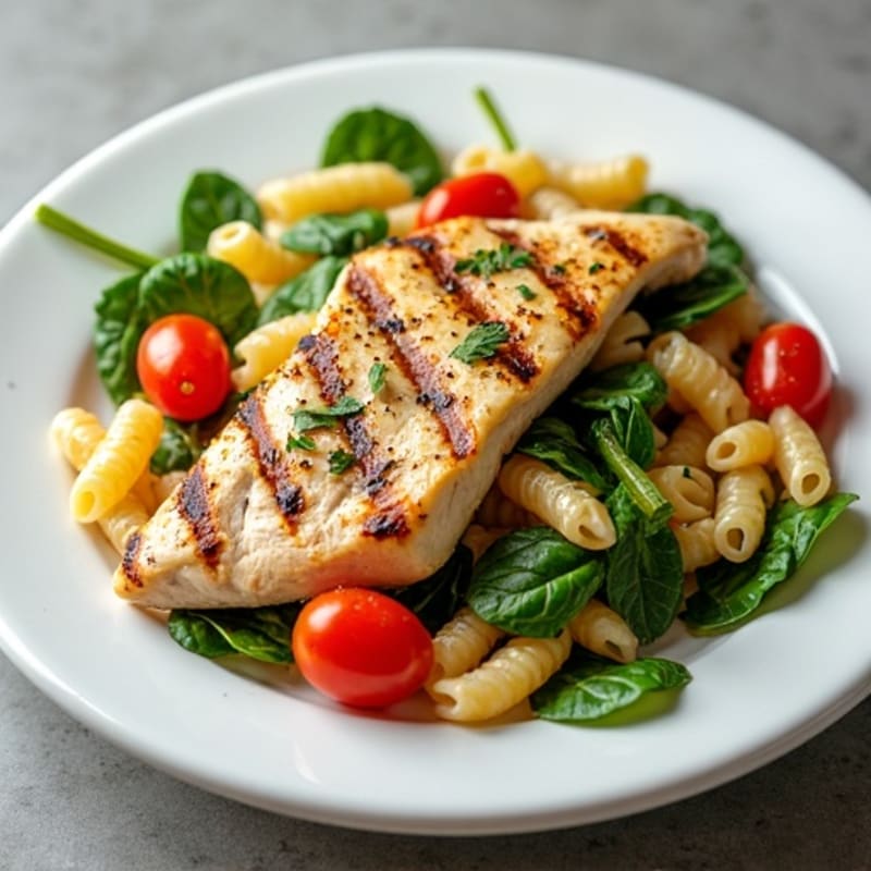 Grilled Chicken Pasta Salad with Spinach and Cherry Tomatoes