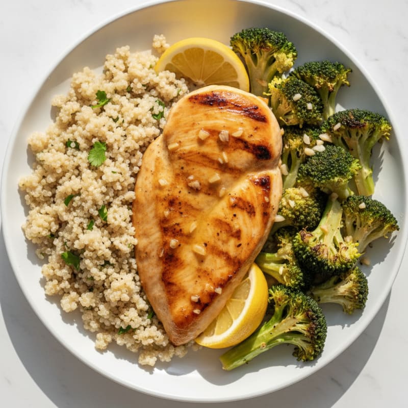 Grilled Lemon Garlic Chicken Breast with Roasted Broccoli and Quinoa