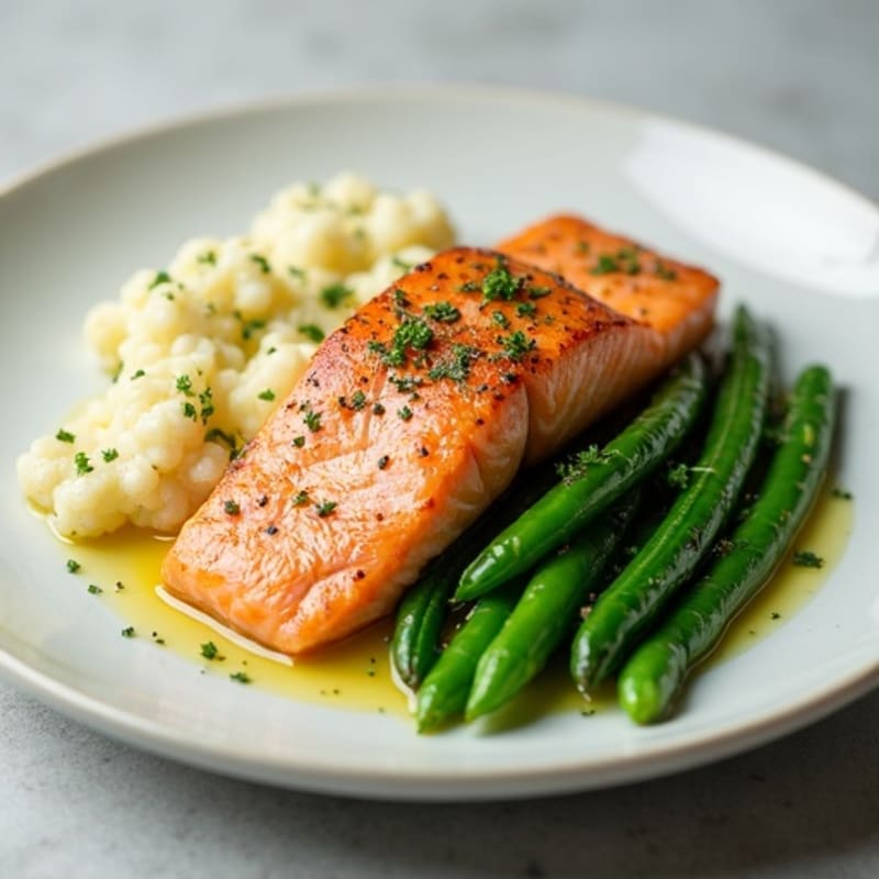 Seared Salmon with Garlic Green Beans and Cauliflower Mash
