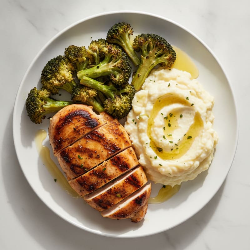 Seared Chicken Breast with Roasted Broccoli and Garlic Mashed Cauliflower