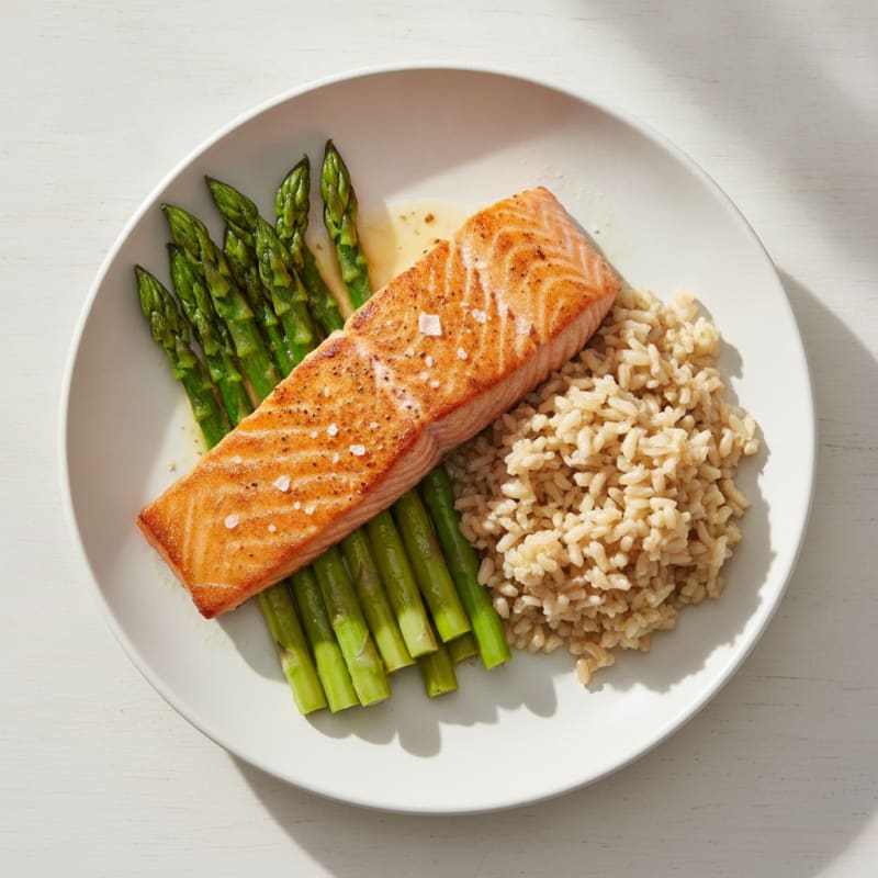 Seared Salmon with Steamed Asparagus and Brown Rice