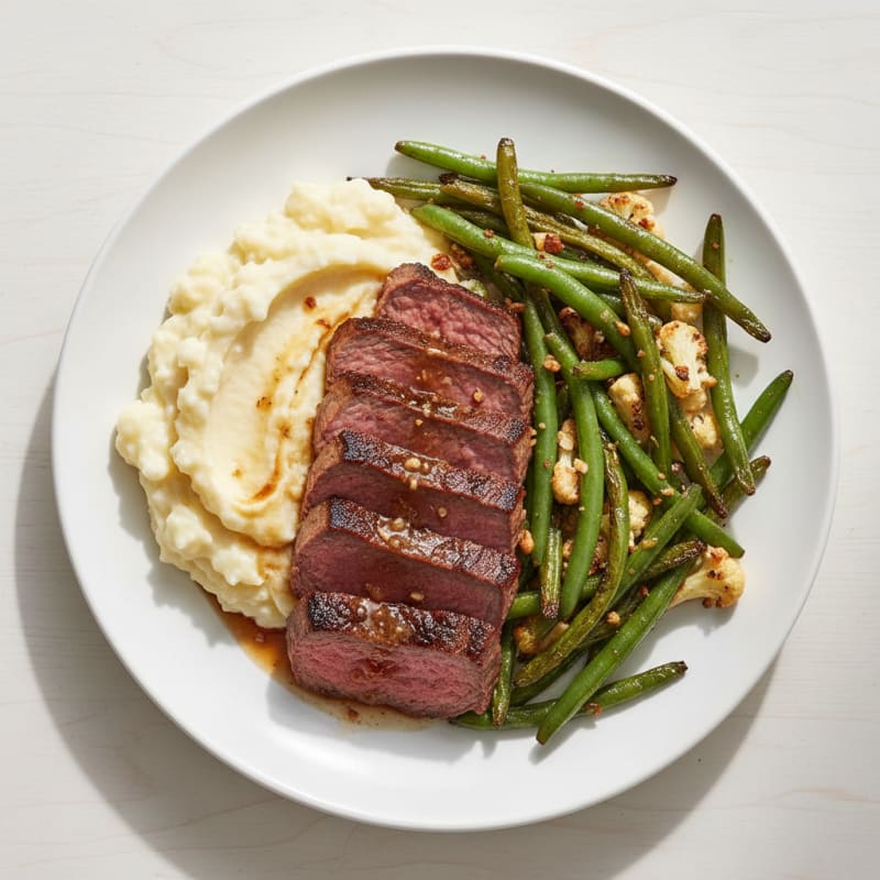 Seared Lean Beef Strips with Roasted Green Beans and Cauliflower Mash