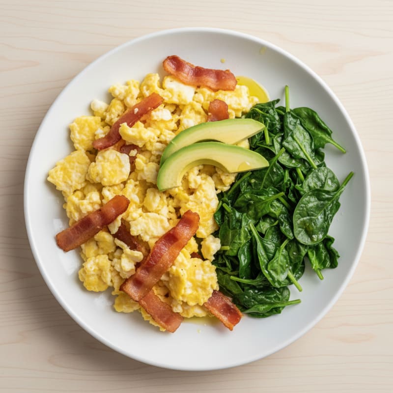 Scrambled Eggs with Turkey Bacon and Sautéed Spinach