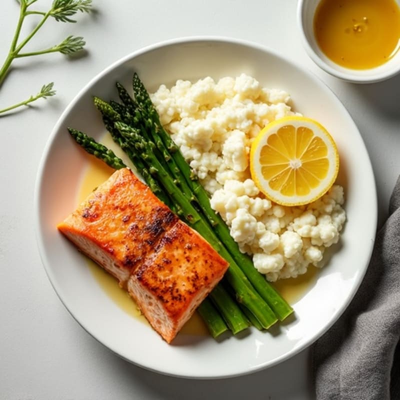 Seared Salmon with Steamed Asparagus and Cauliflower Mash
