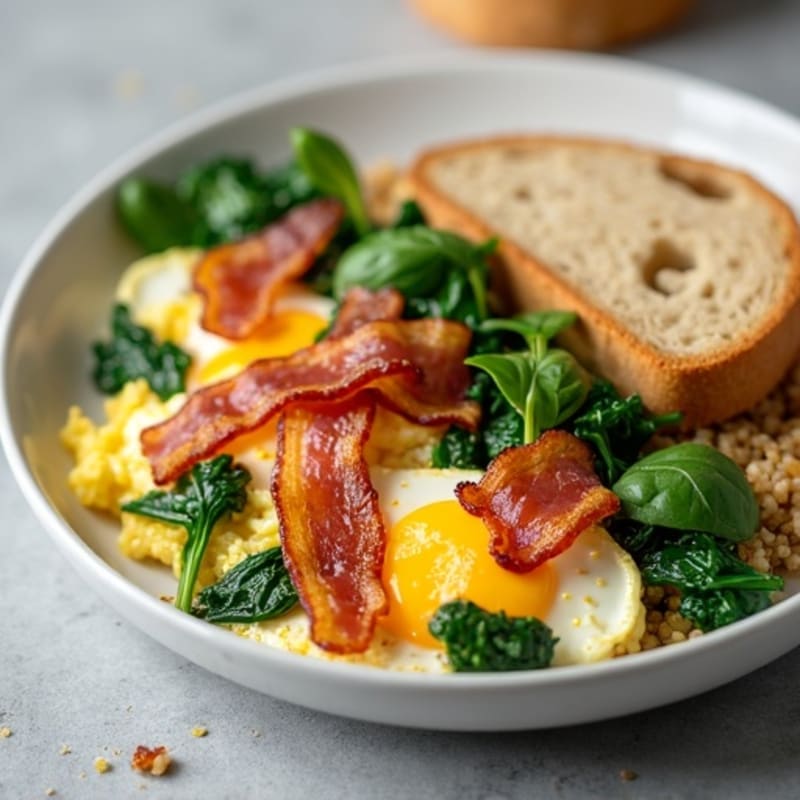 Crispy Turkey Bacon and Egg White Scramble with Sautéed Spinach