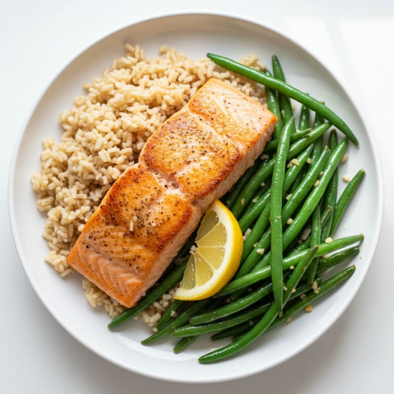 Seared Salmon with Garlic Green Beans and Brown Rice