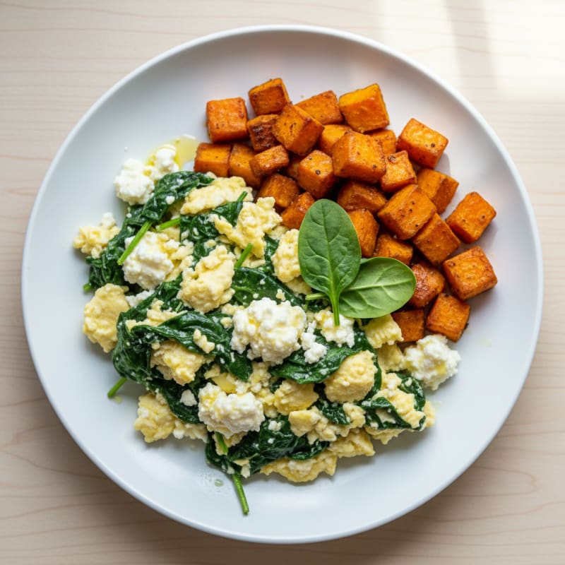 Cottage Cheese Egg White Scramble with Sautéed Spinach and Roasted Sweet Potato