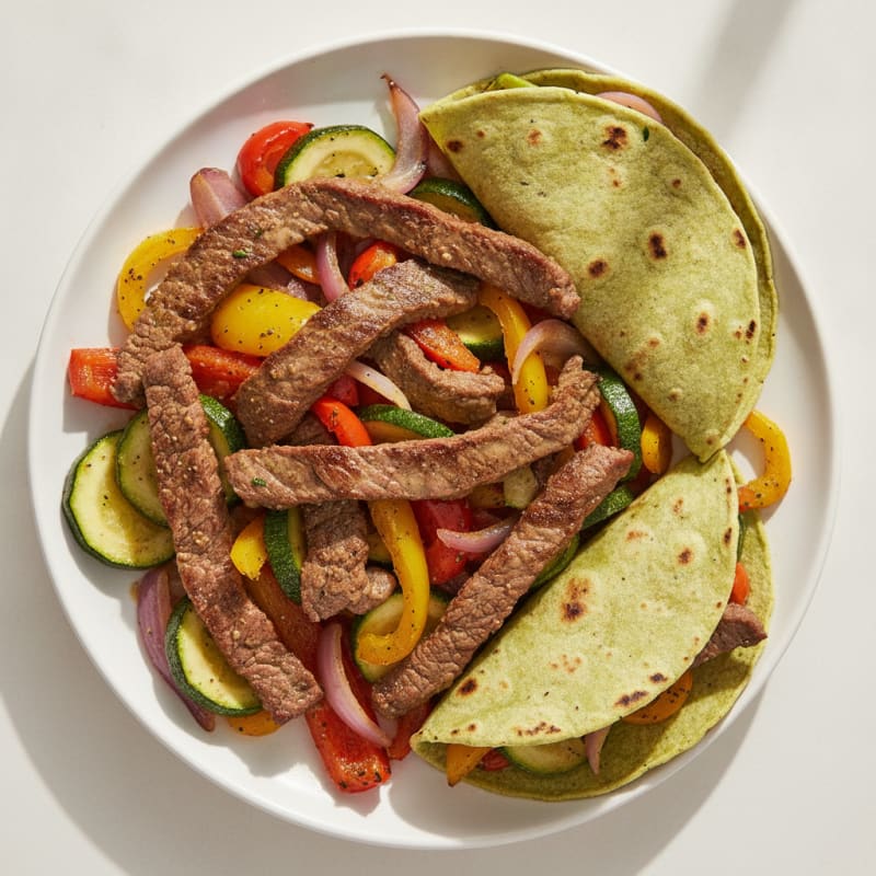 Seared Lean Beef Strips with Roasted Vegetables and Nopal Tortillas