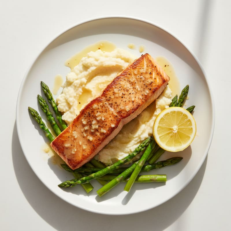 Pan-Seared Salmon with Steamed Asparagus and Cauliflower Mash