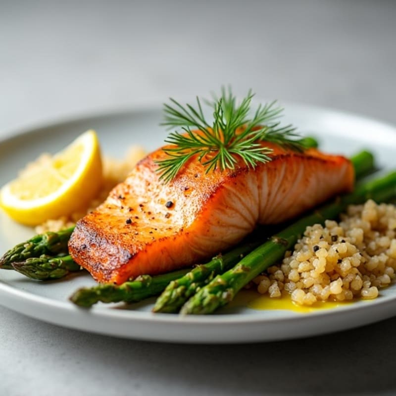 Seared Salmon Fillet with Garlicky Quinoa and Asparagus
